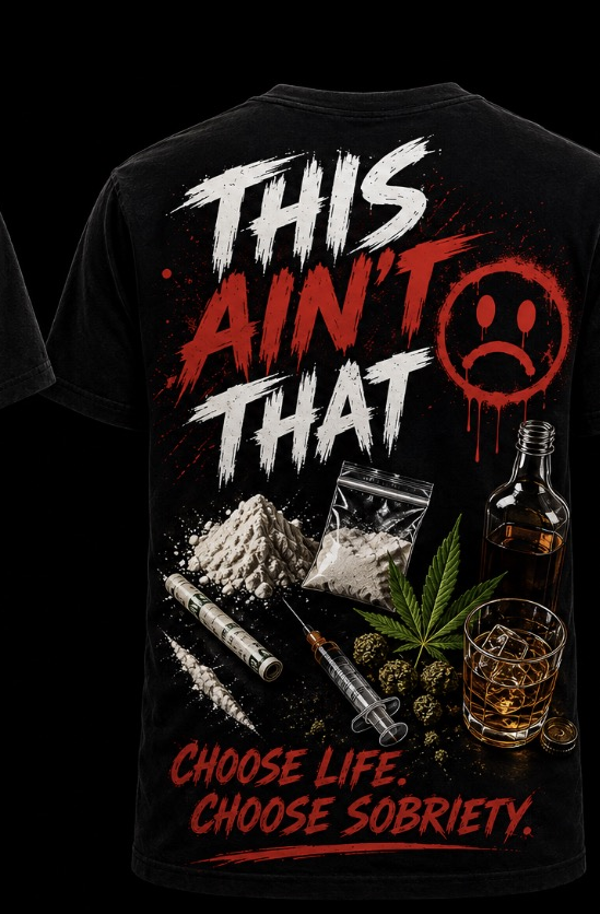 Back of the That Ain't This black tee reading This Ain't That over drug and alcohol imagery with Choose Life. Choose Sobriety.